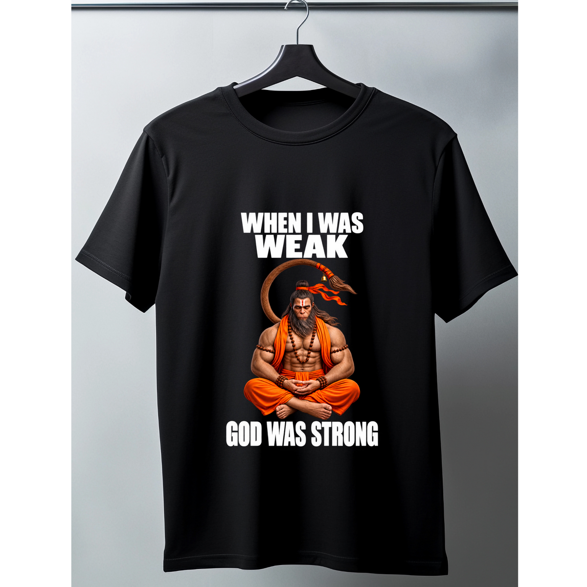 Unisex Black T-Shirt GOD WAS STRONG hanuman