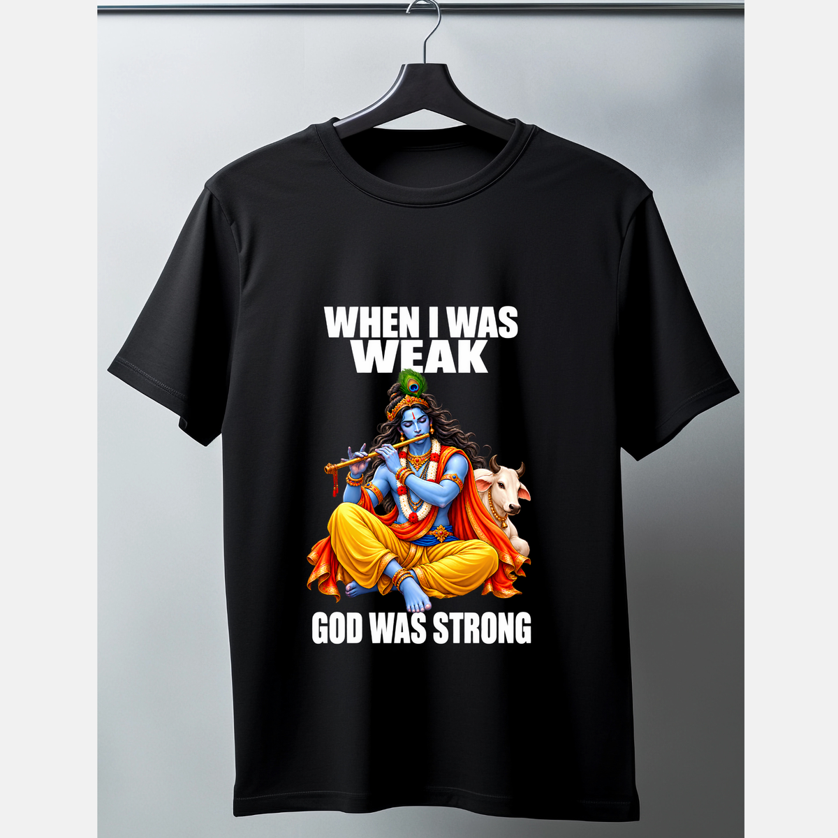 Unisex Black T-Shirt GOD WAS STRONG krishna