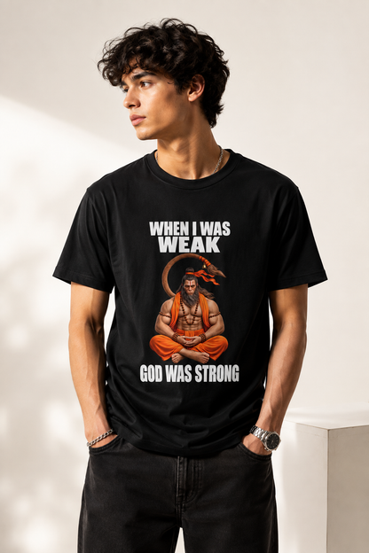 Unisex Black T-Shirt GOD WAS STRONG hanuman