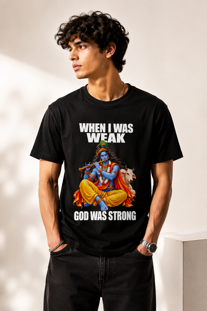 Unisex Black T-Shirt GOD WAS STRONG krishna