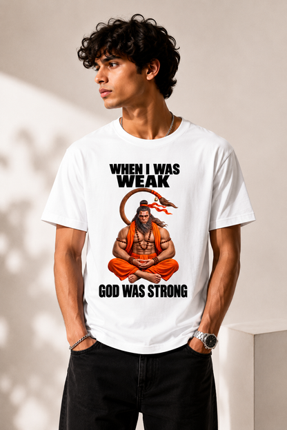 Unisex White T-Shirt GOD WAS STRONG hanuman