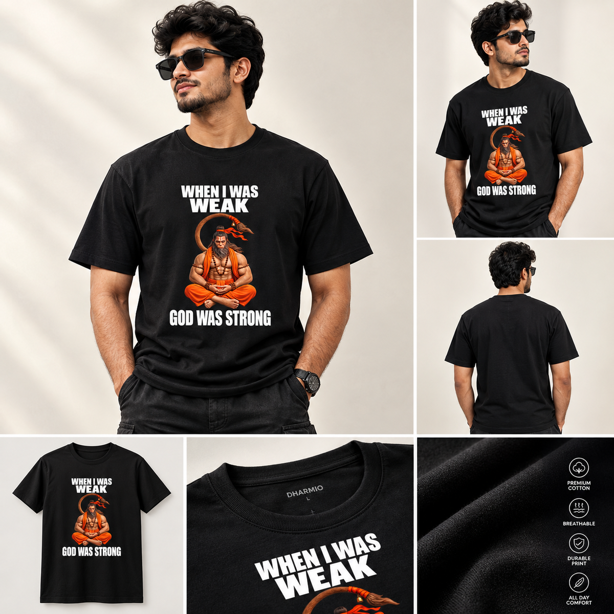 Unisex Black T-Shirt GOD WAS STRONG hanuman