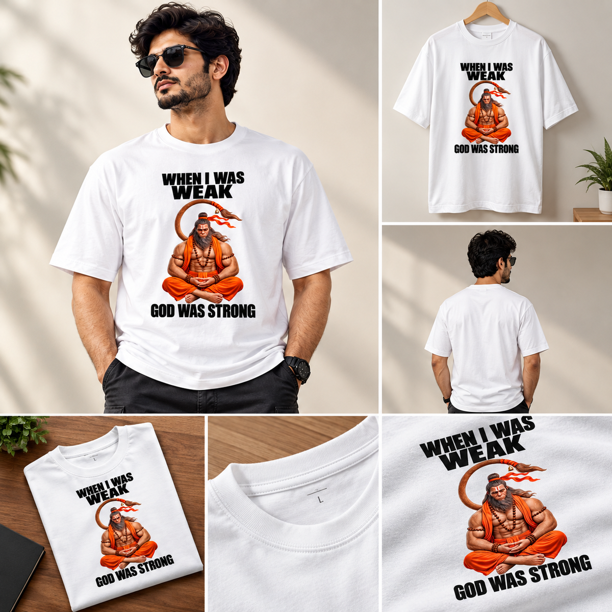 Unisex White T-Shirt GOD WAS STRONG hanuman