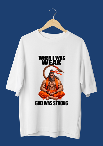 Unisex White T-Shirt GOD WAS STRONG hanuman